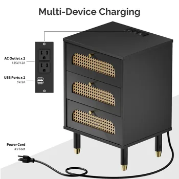 3-Drawer Nightstand with Woven Rattan Fronts and Built-in Power Outlet 15.75"*13.78"*23.82" Black view 8