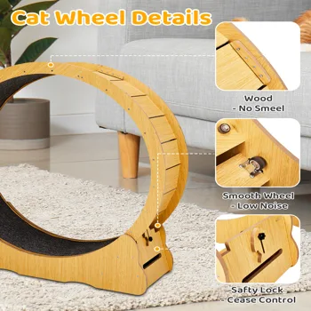 Cat Wheel Exerciser for Indoor Cats, 39.4-inch Large Cat Exercise Wheel for Running Silent, Cat Treadmill with Safety Lock for Cat's Fitness and Health, Natural Wood view 3