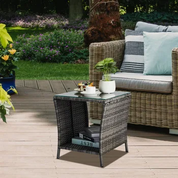 Outdoor Patio Wicker Side Table, Square End Table Bistro Coffee Table with Glass Top Storage Shelf for Porch Garden Backyard Grey(SAME AS 19215985) view 3