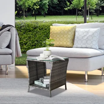 Outdoor Patio Wicker Side Table, Square End Table Bistro Coffee Table with Glass Top Storage Shelf for Porch Garden Backyard Grey(SAME AS 19215985) view 4