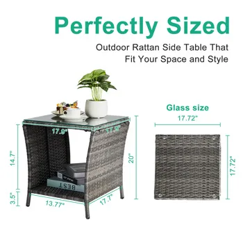 Outdoor Patio Wicker Side Table, Square End Table Bistro Coffee Table with Glass Top Storage Shelf for Porch Garden Backyard Grey(SAME AS 19215985) view 5