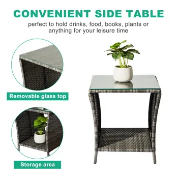 Outdoor Patio Wicker Side Table, Square End Table Bistro Coffee Table with Glass Top Storage Shelf for Porch Garden Backyard Grey(SAME AS 19215985) view 6