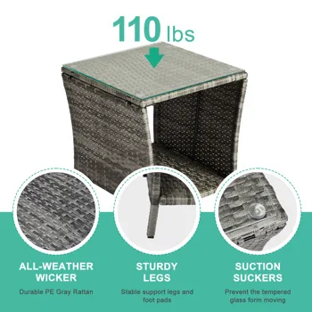 Outdoor Patio Wicker Side Table, Square End Table Bistro Coffee Table with Glass Top Storage Shelf for Porch Garden Backyard Grey(SAME AS 19215985) view 7