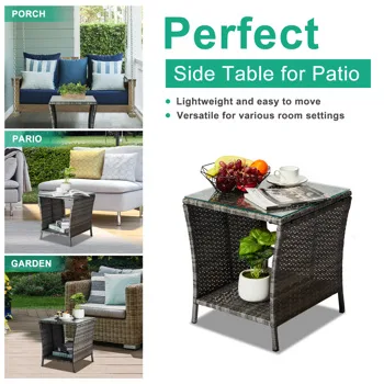 Outdoor Patio Wicker Side Table, Square End Table Bistro Coffee Table with Glass Top Storage Shelf for Porch Garden Backyard Grey(SAME AS 19215985) view 8