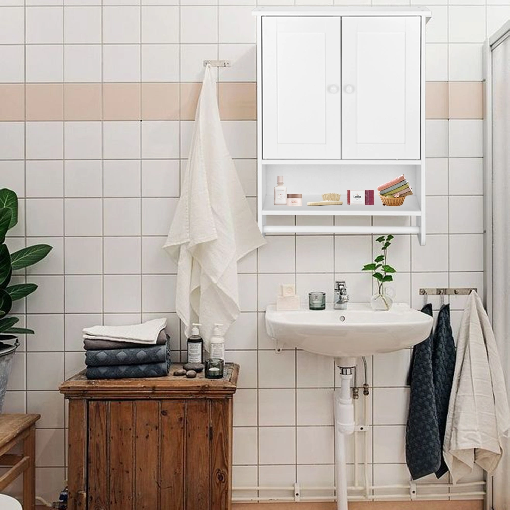 Bathroom Wall Cabinet with 2 Cabinet Doors 1 Dhelf and 1 Towel Bar Painted MDF Bathroom Cabinet 19.3*5.7*25.6in White view 9