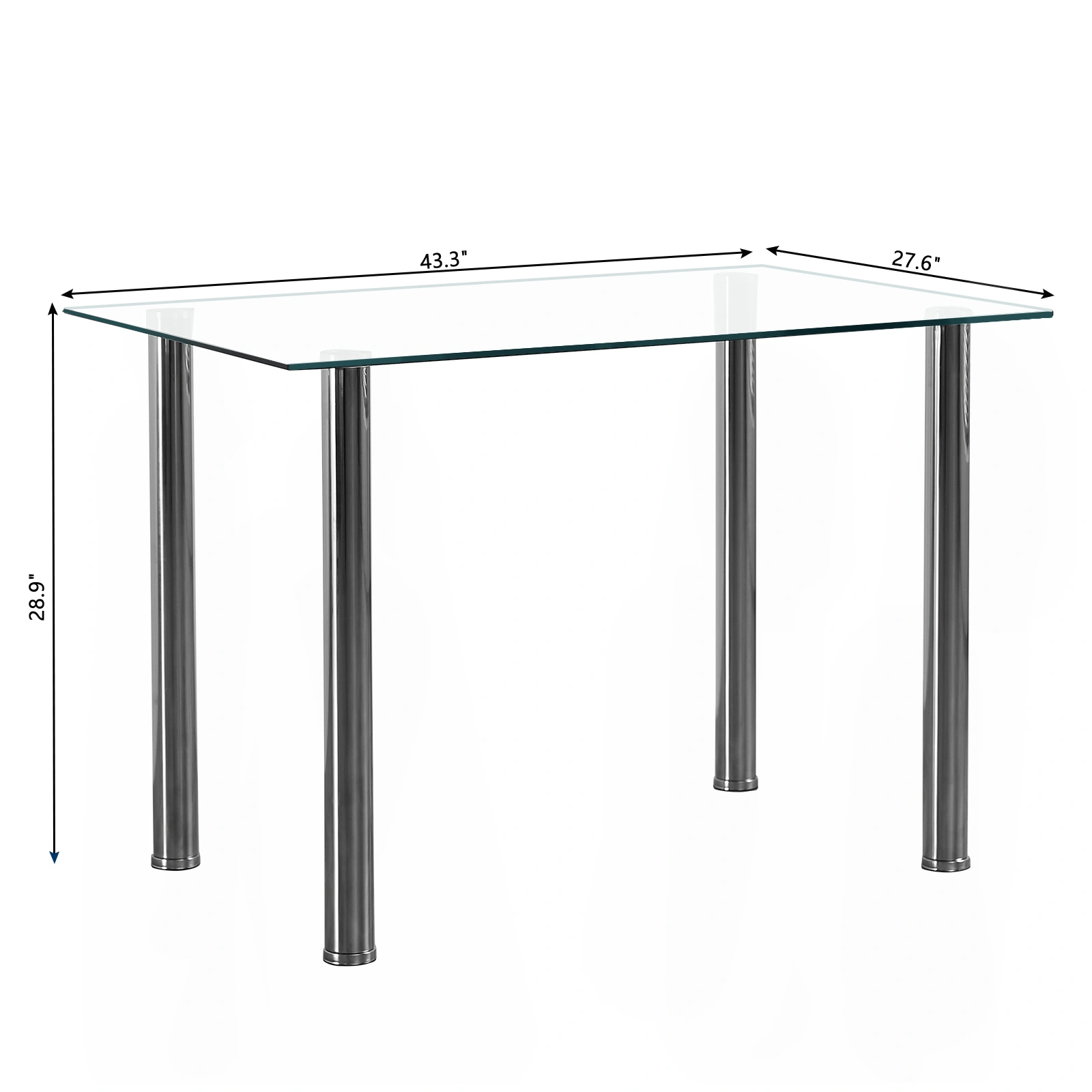 4-seat simple rectangular cylindrical leg table tempered glass stainless steel clear glass 110 * 70 * 75cm view 2