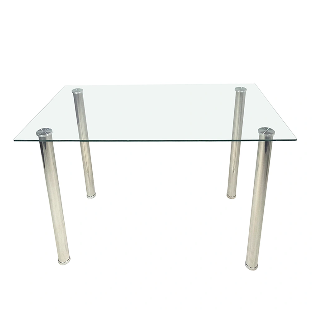 4-seat simple rectangular cylindrical leg table tempered glass stainless steel clear glass 110 * 70 * 75cm view 5