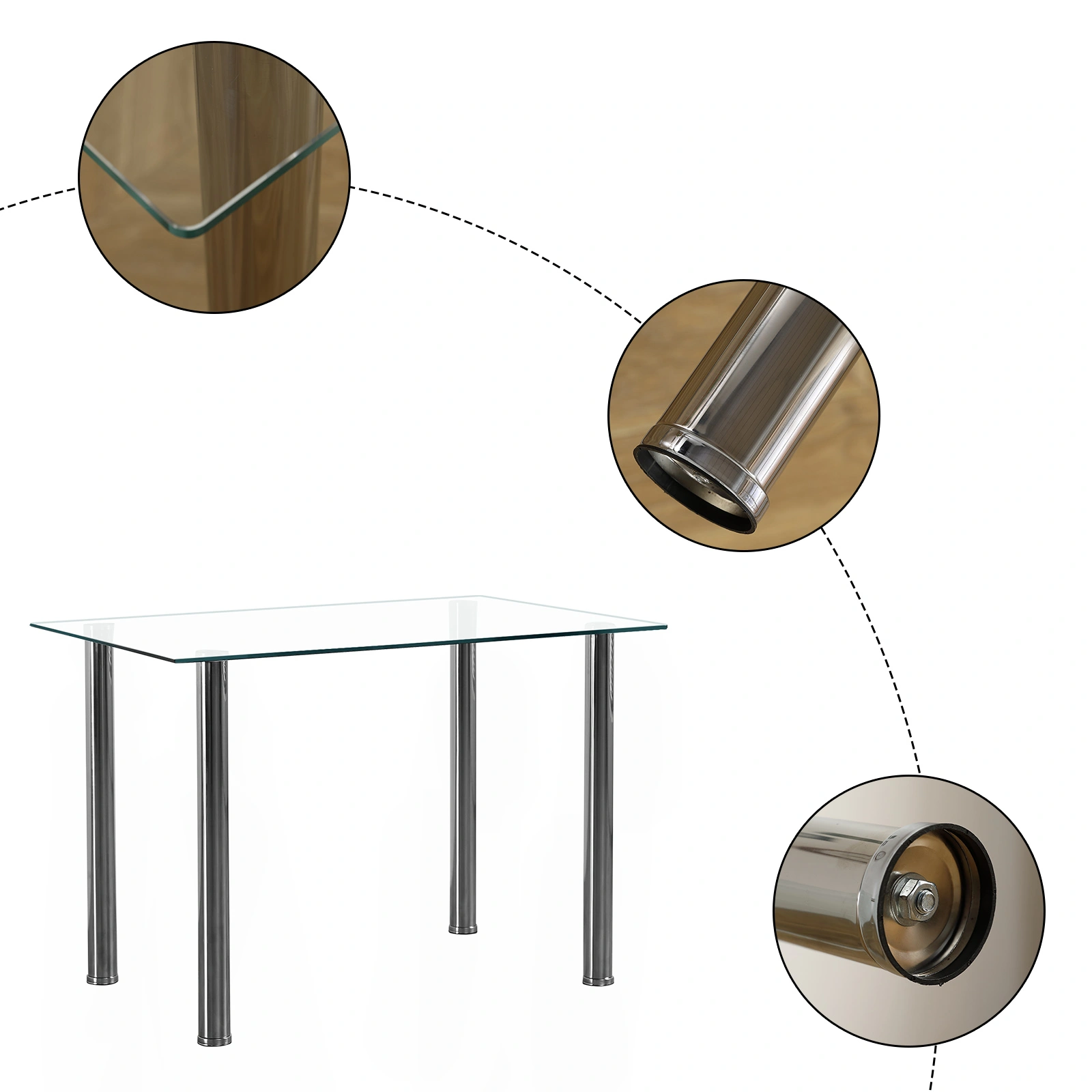 4-seat simple rectangular cylindrical leg table tempered glass stainless steel clear glass 110 * 70 * 75cm view 7