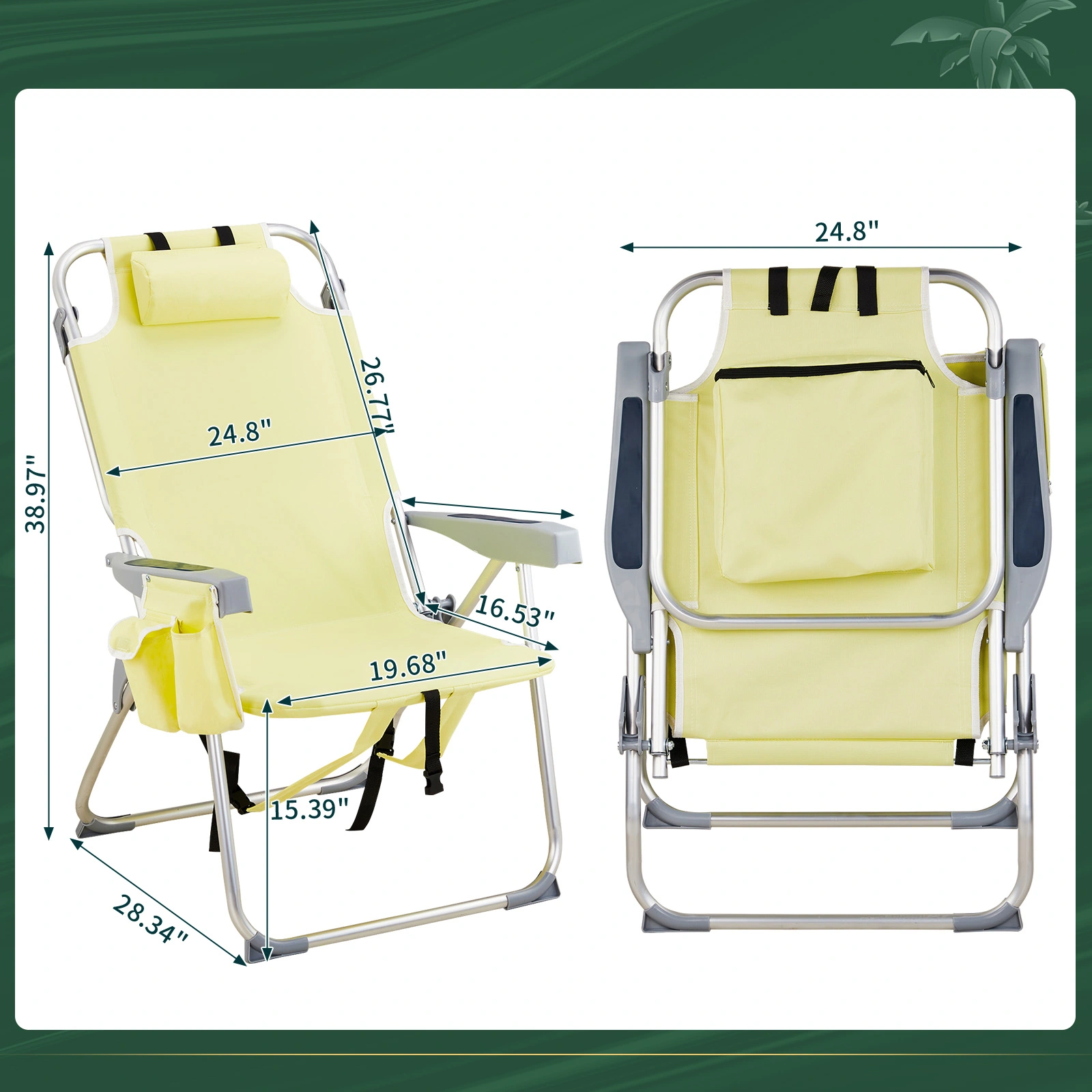 63*70*99cm Heightened Oxford Cloth Silver White Aluminum Tube Bearing 100kg Beach Chair Yellow view 2