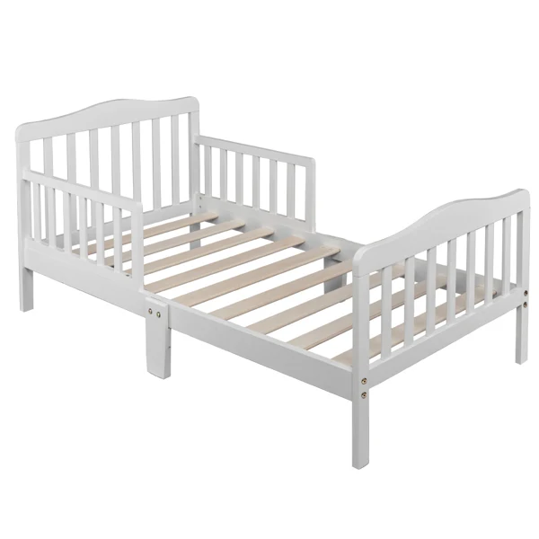 Wooden Baby Toddler Bed Children Bedroom Furniture with Safety Guardrails White