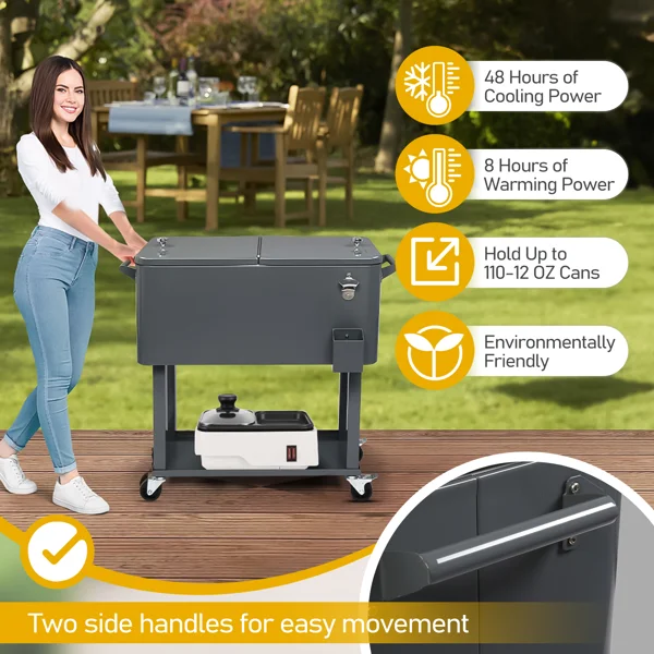 80QT Dark Grey Rolling Cooler Cart, 34.4 x 35.8 x 15.2 Inch Rectangular Insulated Ice Chest with Plastic Body and Steel Tube Legs view 4