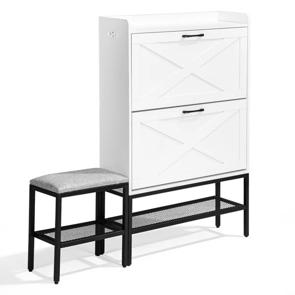 Barn door style shoe cabinet with 2 flip-down compartments, baffle, wire mesh, metal legs with soft pads, and 1 hook. Made of particleboard. Dimensions: 120*24*120cm. Color: White view 3