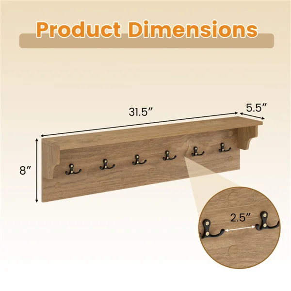 Wall Mount Coat Rack with Shelf - 31.5"x5.5"x8", 6 Hooks & 110LBS Capacity (Natural) view 4