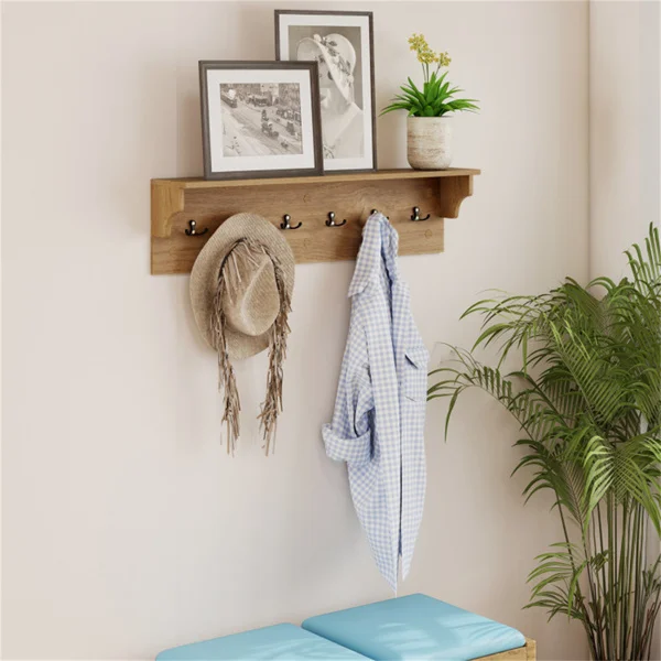 Wall Mount Coat Rack with Shelf - 31.5"x5.5"x8", 6 Hooks & 110LBS Capacity (Natural) view 5