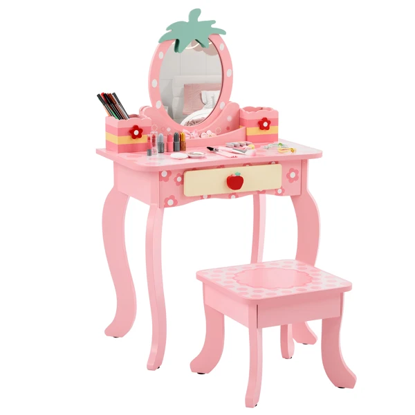 Pink MDF spray-painted + apple-printed 1-drawer 2-desktop storage box children's dressing table set view 2
