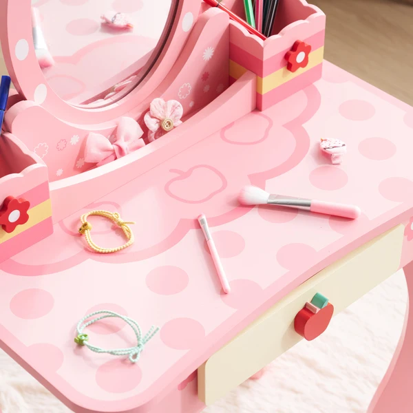 Pink MDF spray-painted + apple-printed 1-drawer 2-desktop storage box children's dressing table set view 3