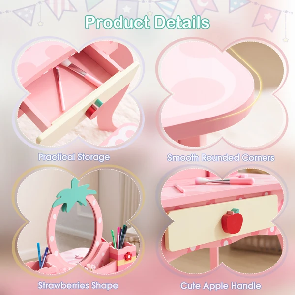 Pink MDF spray-painted + apple-printed 1-drawer 2-desktop storage box children's dressing table set view 6