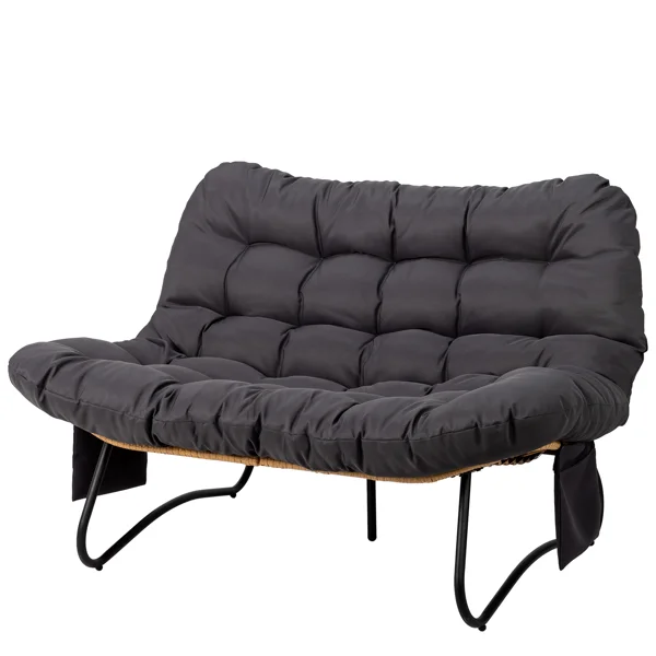 133×94×87cm 2-Seater Curved Wicker Loveseat with Magazine Pockets & Grey Cushion view 2