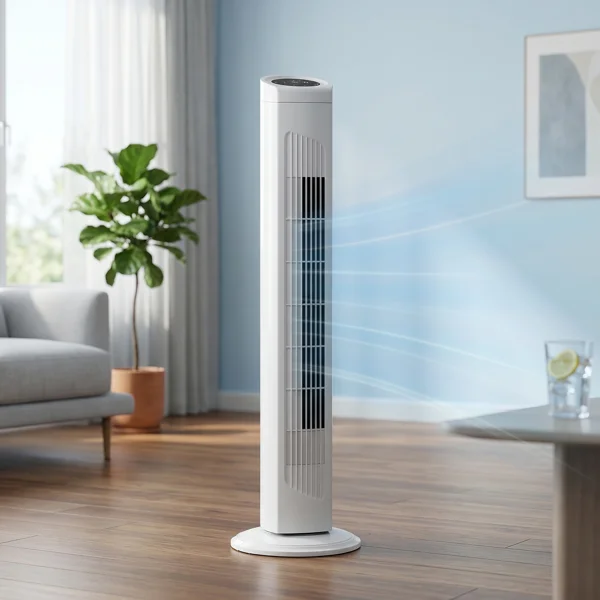 US Standard RTW-AR Tower Fan, 110V 45W, 32 Inch, Column Shape, White Plastic Body, Copper Motor, Touch & Remote Control, 3 Speeds, 3 Modes, Oscillating Function, 7.5-Hour Timer, For Home Use view 2
