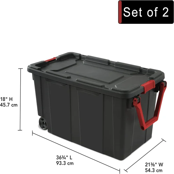 40 Gallon Durable Plastic Storage Tote with Latching Lid and Pull Handle, Black, 2 Pack view 2