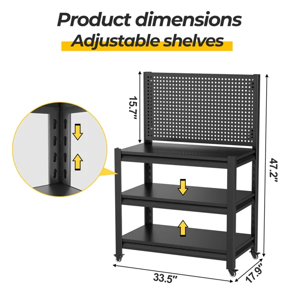 Work Bench with Pegboard,Heavy Duty 3000lbs Capacity Workbench with Wheels Adjustable Shelves,Tool Cart,Work Table for Garage Warehouse47.2"H*33.46"W*18"D view 2