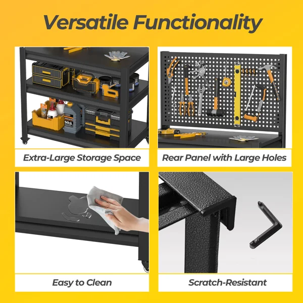 Work Bench with Pegboard,Heavy Duty 3000lbs Capacity Workbench with Wheels Adjustable Shelves,Tool Cart,Work Table for Garage Warehouse47.2"H*33.46"W*18"D view 6