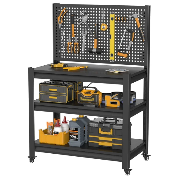 Work Bench with Pegboard,Heavy Duty 3000lbs Capacity Workbench with Wheels Adjustable Shelves,Tool Cart,Work Table for Garage Warehouse47.2"H*33.46"W*18"D