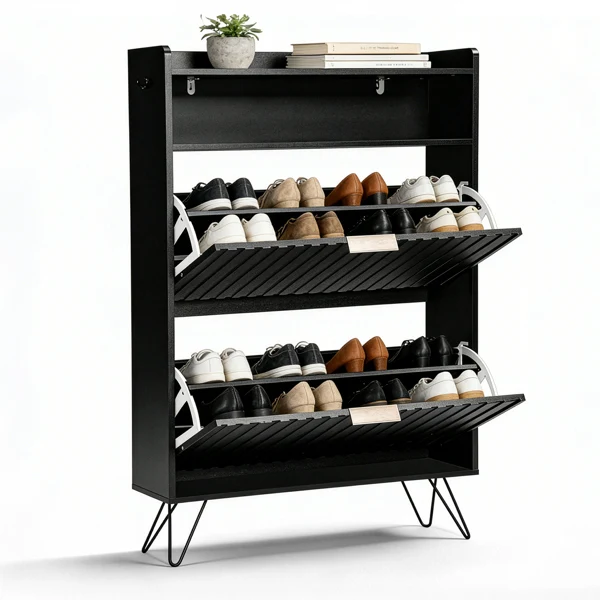 Shoe cabinet with slatted front panel and side panels, two compartments with top flip-up lids, two hooks, and high legs. Particleboard cabinet body, MDF vacuum-formed doors. 80*24*120cm, Black