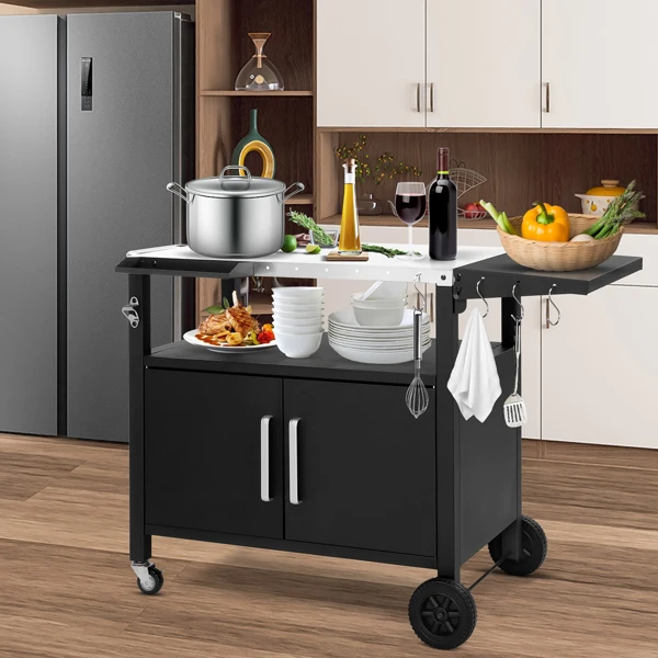 Outdoor Grill Cart with Storage, Rolling Bar Cart Movable Kitchen Island for BBQ, Patio Dining Cart Table for Food Prep with Wheels Hooks Foldable Top view 5