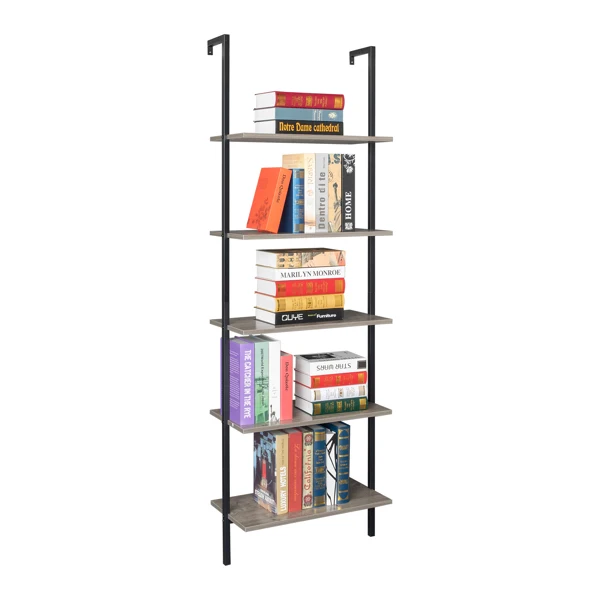 5-Shelf Wood Ladder Bookcase with Metal Frame, Industrial 5-Tier Modern Ladder Shelf Wood Shelves,Gray view 4