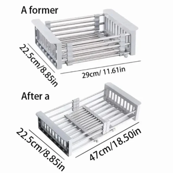 Adjustable Immersion Sink Dish Drying Rack With Stainless Steel Drain Basket - Portable And Retractable Space-Saving Fruit And Vegetable Solution view 3