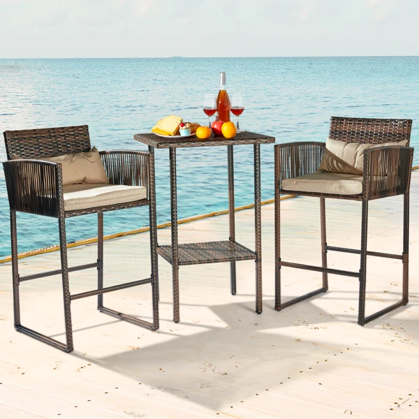 Outdoor 3 Piece Patio Bar Set, Bar Height Bistro Table Set for 2 People, High Top Wicker Bar Stools and Table Outdoor Bar Set with Cushions and Pillows, Brown Gradient Rattan & Beige Cushion