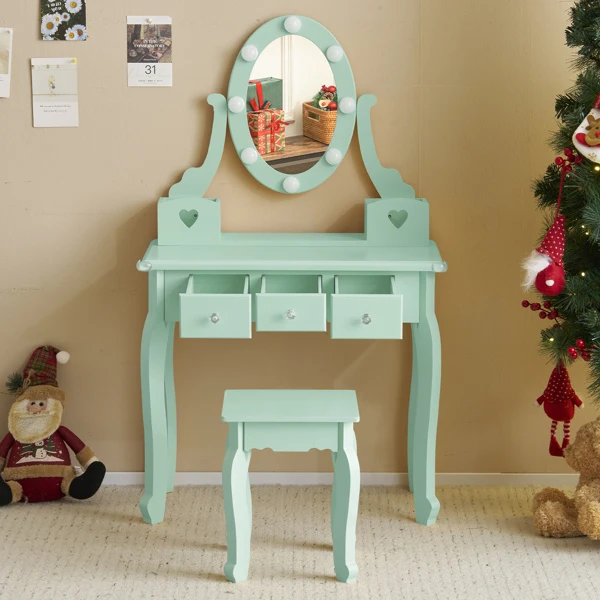 Kids Vanity Set with Mirror and Lights and Stool, 5 Storage Drawers, Pretend Play Princess Makeup Desk Dressing Table and Stool Set for Little Girls Age 3+, Macaroon Green view 3