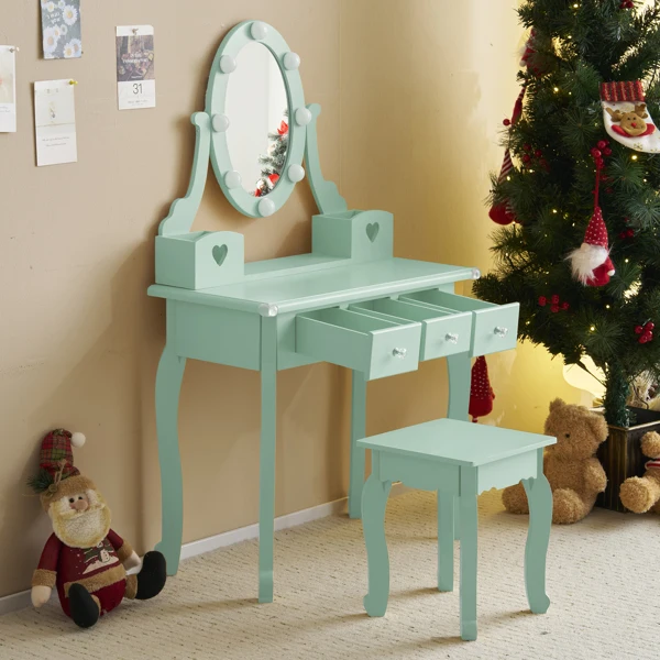 Kids Vanity Set with Mirror and Lights and Stool, 5 Storage Drawers, Pretend Play Princess Makeup Desk Dressing Table and Stool Set for Little Girls Age 3+, Macaroon Green view 4