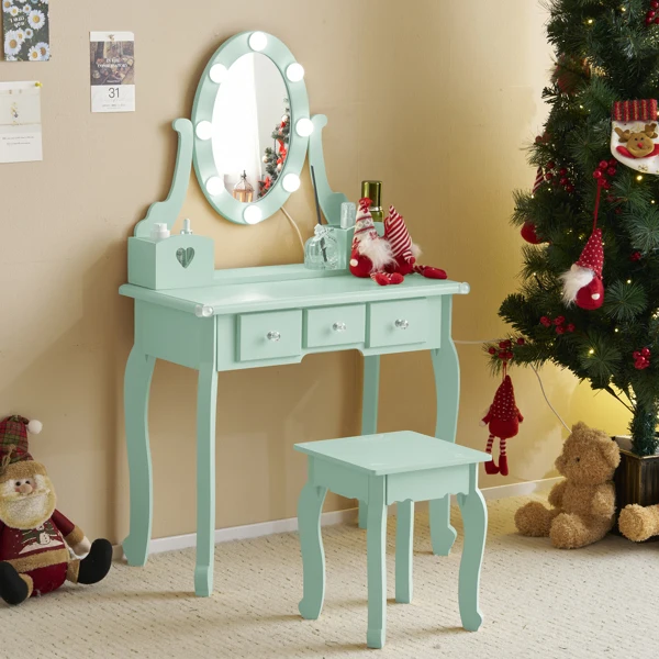 Kids Vanity Set with Mirror and Lights and Stool, 5 Storage Drawers, Pretend Play Princess Makeup Desk Dressing Table and Stool Set for Little Girls Age 3+, Macaroon Green view 5
