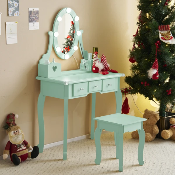 Kids Vanity Set with Mirror and Lights and Stool, 5 Storage Drawers, Pretend Play Princess Makeup Desk Dressing Table and Stool Set for Little Girls Age 3+, Macaroon Green view 6