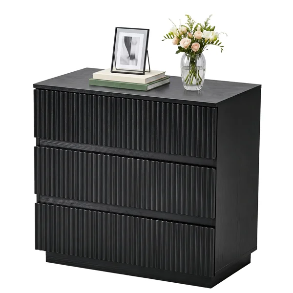 Handleless Grille-Finished 3-Drawer Bedside Table P2 Particleboard + MDF & Melamine Veneer + Thermoformed Drawer Cabinet 23.62*12.99*22.05in Black view 4