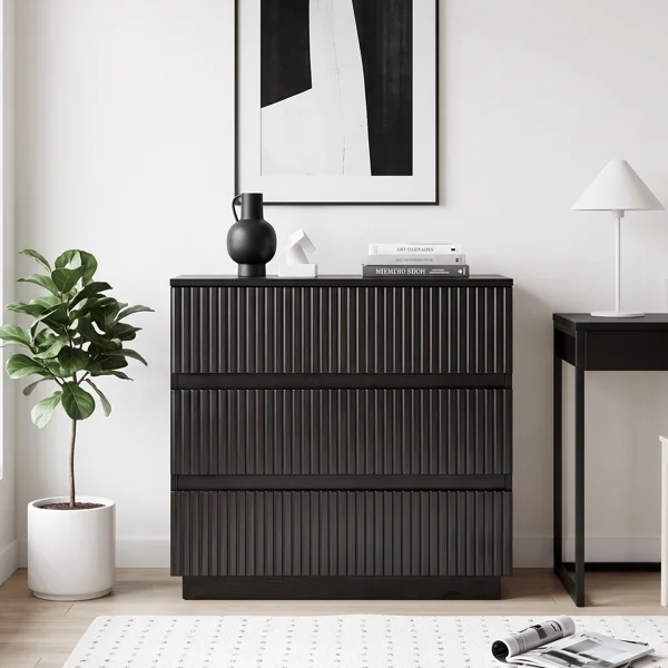 Handleless Grille-Finished 3-Drawer Bedside Table P2 Particleboard + MDF & Melamine Veneer + Thermoformed Drawer Cabinet 23.62*12.99*22.05in Black