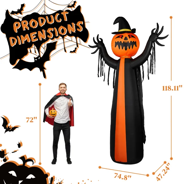 10ft Inflatable Halloween Decor with Rotatable Head Pumpkin Ghost in Cape, 6 Built-in LED Lights, Black & Orange, 12V 2000mA US Power Adapter view 4