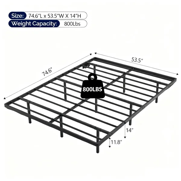 Black Full Size Floating Platform Metal Bed Frame - 14 Inch Height, Built-in LED Strip Light & Power Outlet