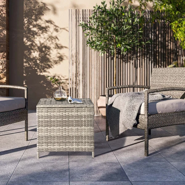 Outdoor PE Wicker Side Table with Storage, Patio Rattan End Table Square Container for Furniture Covers, Toys and Gardening Tools, Grey view 5