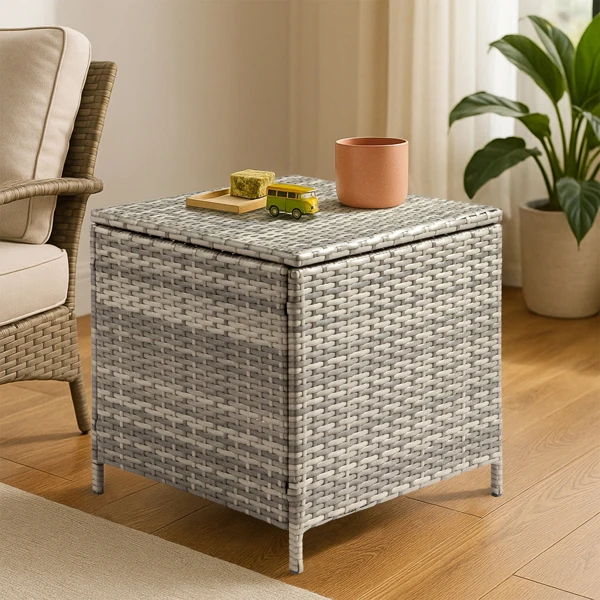 Outdoor PE Wicker Side Table with Storage, Patio Rattan End Table Square Container for Furniture Covers, Toys and Gardening Tools, Grey view 6
