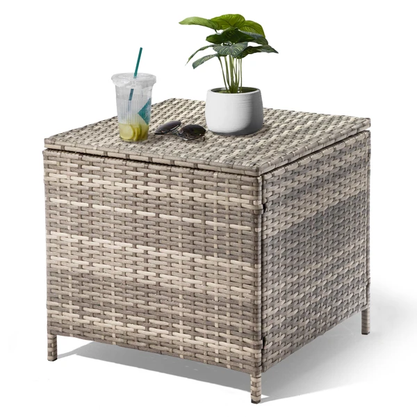 Outdoor PE Wicker Side Table with Storage, Patio Rattan End Table Square Container for Furniture Covers, Toys and Gardening Tools, Grey