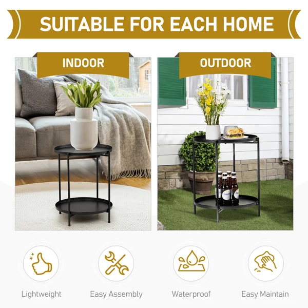 2-Tier Patio Side Table, Outdoor Metal Round Small Coffee Table with Removable Tray, Weather Resistant End Table for Indoor Outdoor Garden Balcony Yard, Black view 5