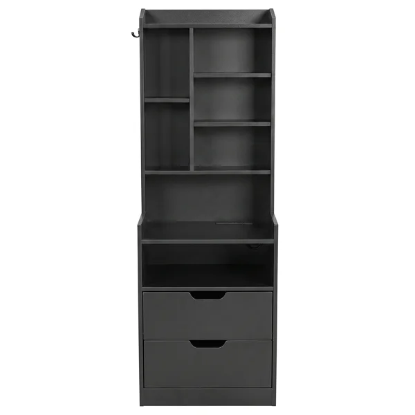 2 Drawers + 1 Shelf + 6-Shelf BedsideTable US Standard Power Supply (1 USB + 1 Type-C + 2 Triple-Prong) Storage Locker P2-12MM Particleboard Laminated Storage Cabinet 17.32*13.78*50in Black view 2