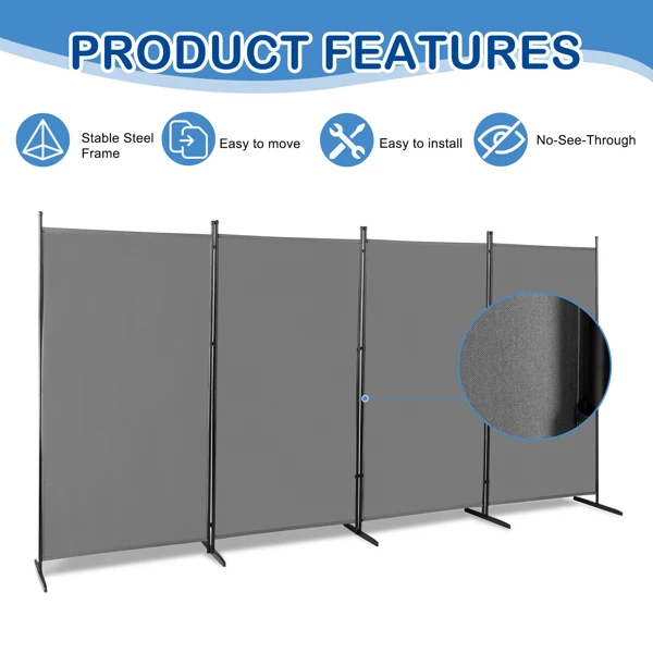 6FT 4-Fold 160g Polyester Cloth Plastic Foot Carbon Steel Frame Foldable Screen Gray view 3
