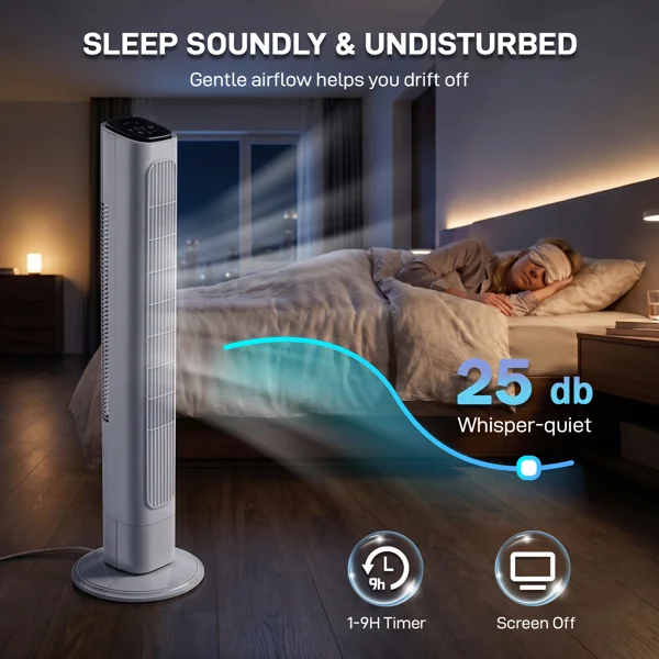 US Standard RTW-GR36 Tower Fan, 110V 45W, 36 Inch, Column Shape, White Plastic Body, Copper Motor, Touch & Remote Control, 3 Speeds, 3 Modes, Oscillating Function, 9-Hour Timer, For Home Use view 5