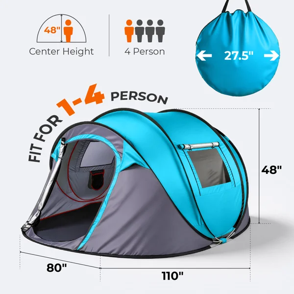 4 Person Pop Up Tent for Camping, Waterproof Instant Family Tent with Front Awning, Automatic Tent Throw Pop Up Instant Flip Pop Tent for Camping, Blue view 6