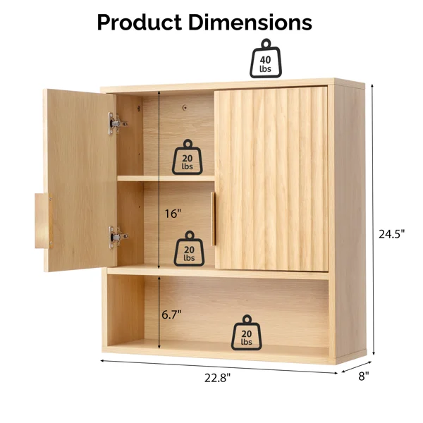 2-Door 3-Tier Slatted Bathroom Wall Cabinet 24.49"*22.83"*8.07 Oak view 2