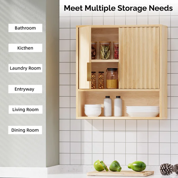 2-Door 3-Tier Slatted Bathroom Wall Cabinet 24.49"*22.83"*8.07 Oak view 6
